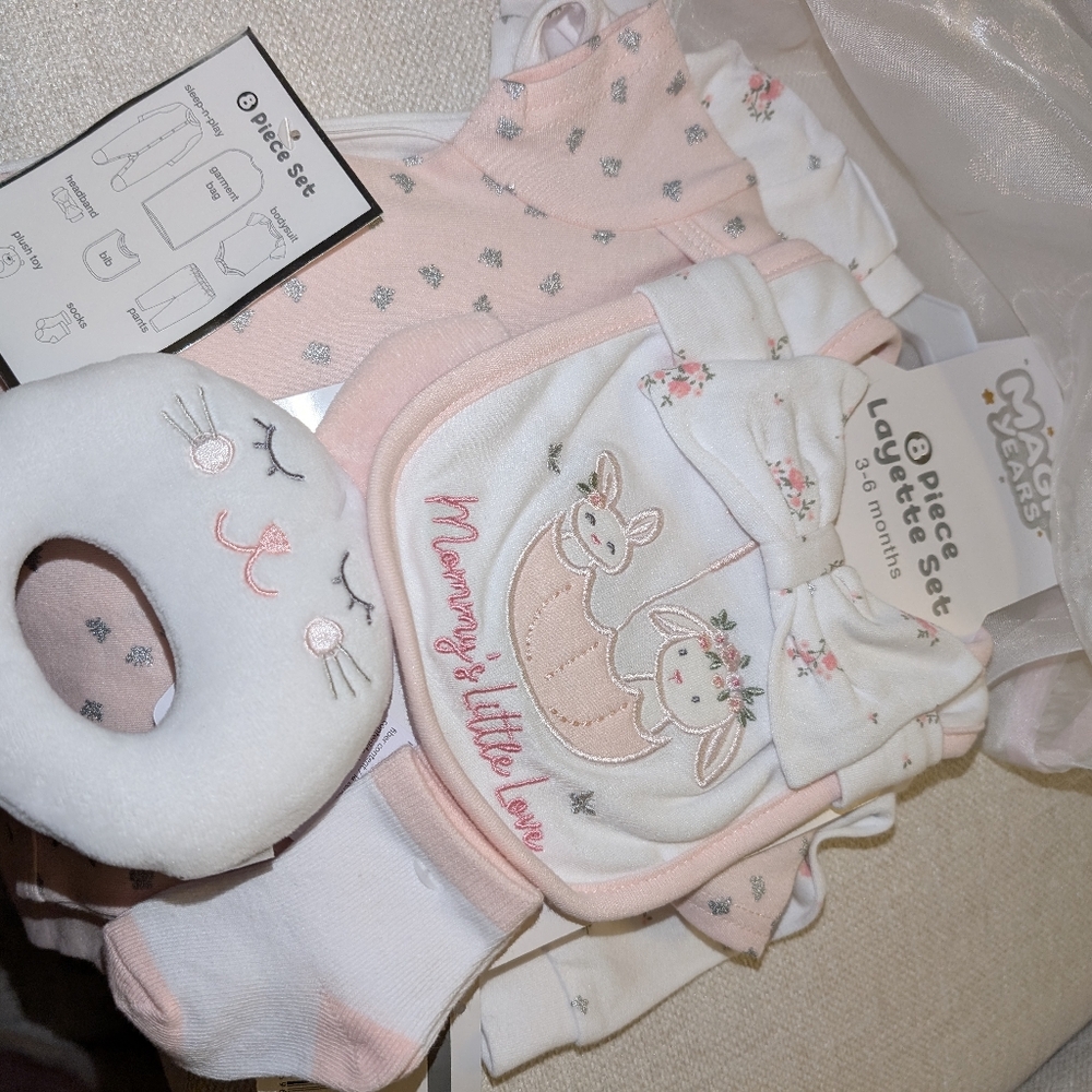 8-Piece Baby Layette Set with Bunny Applique - Pink & White